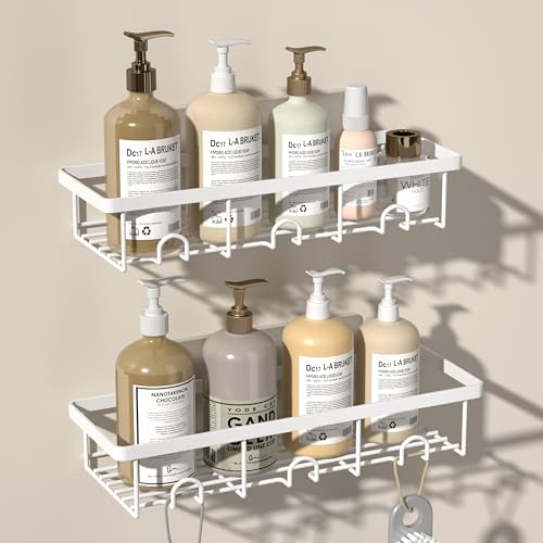 White Shower Caddy Organizer, 2 Pack Adhesive Shampoo Holder Basket Shelves for Storage and Organization, Wall Suction Bath Bathtub Rack Set for RV Camper, Bathroom Restroom Decor and Accessories - color: White, size: Small 2 Pack