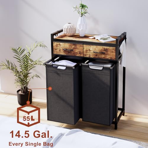 Timberer Laundry Hamper, Laundry Sorter 2 Section, Rolling Laundry Basket with Wheels, 2 Drawers, 2 × 14.5 Gal (55 L), Pull-Out and Removable Oxford Fabric Bags, Black and Rustic Brown - color: Black + Rustic Brown, size: 2 Bags (27.6"L x 12.9"W x 39.6"H)