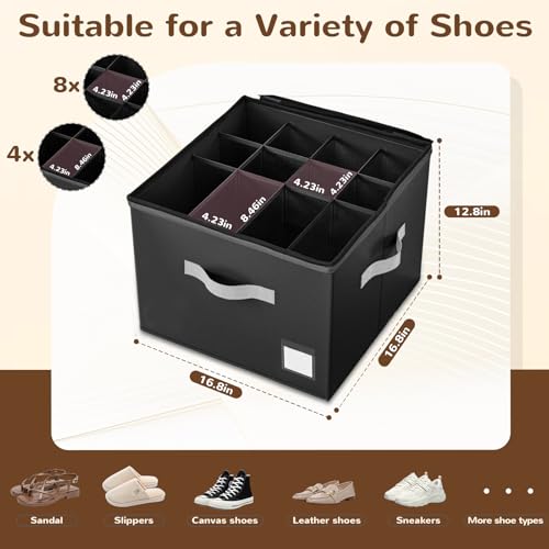2 Pack Shoe Organizer for Closet, Large Shoe Box Storage Containers,Shoe Storage Box Fits 12-16 Pairs,Fabric Shoe Storage Bins with Clear Cover,Black - color: Black