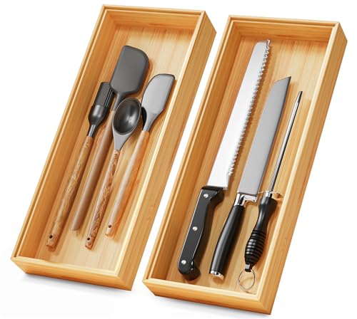 Bamboo Kitchen Drawer Organizer Set of 2, Stackable 15" x 6" Wood Silverware Utensil Tray for Drawers Bins, Cutlery & Flatware Storage – Wooden Boxes Organizers for Junk Drawer, Bathroom, RV - size: 15" x 6" x 2"