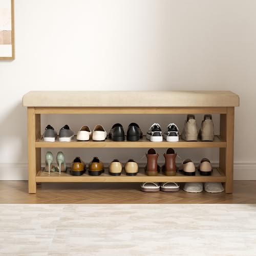 2 Tier Shoe Rack Bench with Cushion, Rubberwood Shoe Benches, Mid-Century Modern Shoe Storage Bench for Entryway, Hallway, Living Room, Closet, Front Door Entrance, Light Brown - color: Light Brown