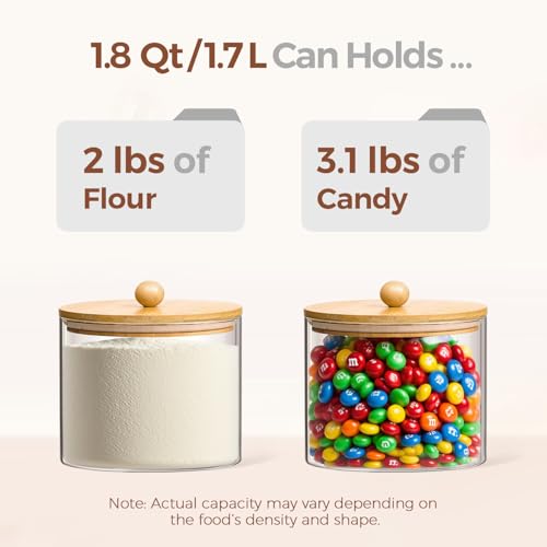 ComSaf Half Gallon Cookie Jar, Large Glass Jar with Lid Set of 2, 1.8 Qt Glass Food Storage Containers, Flour Sugar Storage Containers for Candy Cereal Nuts Beans, Canisters Sets for The Kitchen - color: 1.8Qt-Round-2 Pack