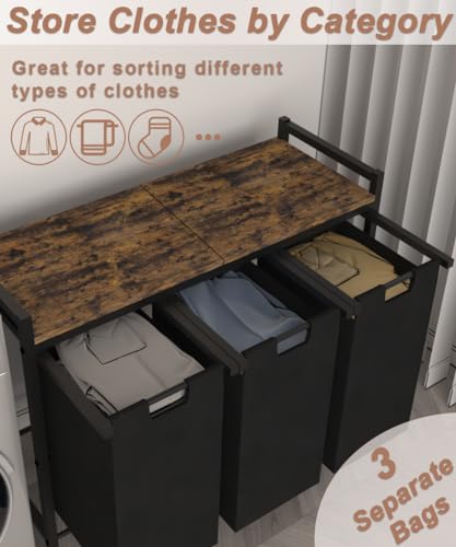10 x 3 Gal Large Laundry Hamper with 3 Pull-Out & Removable Sorter Bags, Freestanding Clothes Basket Organizer for Clothing or Toys in Bathroom and Living Room, Rustic Brown and Black - size: 3 Section without wheels
