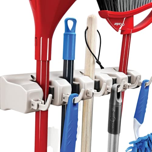 HOME IT Mop And Broom Holder Wall Mount - Garage Storage Systems with 5 Slots, 6 Hooks, 7.5lbs Capacity Per Slot - Garden Tool Organizer For Home, Kitchen, Closet, Garage, Laundry Room - Off-White - color: Off-White, size: 1 Pack 5-position, 6-Hooks