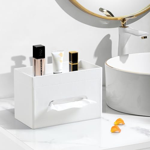 Plus Size Tissue Box Cover Rectangle, PU Leather Tissue Box Holder with Storage Tray, Decorative Organizer Tissue Holder for Bathroom, Bedroom Dresser, Night Stand, Office (Cream-White) - color: Cream-white