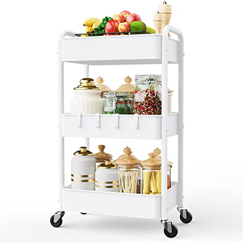 LEHOM 3 Tier Rolling Storage Cart, Metal Trolley Utility Cart with Wheels & Hooks, Easy Assembly Organizer Storage Cart for Bathroom Kitchen Office Bedroom - color: White