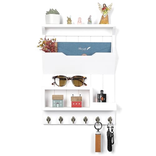 Key Holder for Wall, Mail Organizer Wall Mounted, Mail and Key Holder with 6 Key Hooks for Home Decor, Pine Wood White