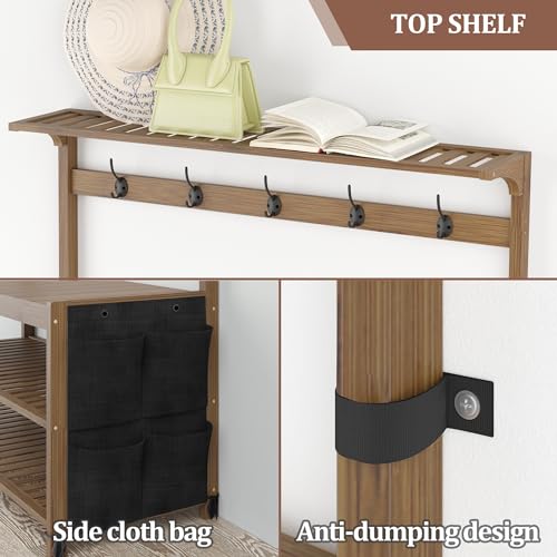 AMBIRD Hall Tree with bench and shoe storage, Entryway Bench with shoe storage, 6-in-1 Coat Rack with Cloth Bag and14 Coat Hooks, Sturdy Bamboo Frame, Large Size, Brown 39 * 15 * 70 Inches - style: Classic, 39'' L