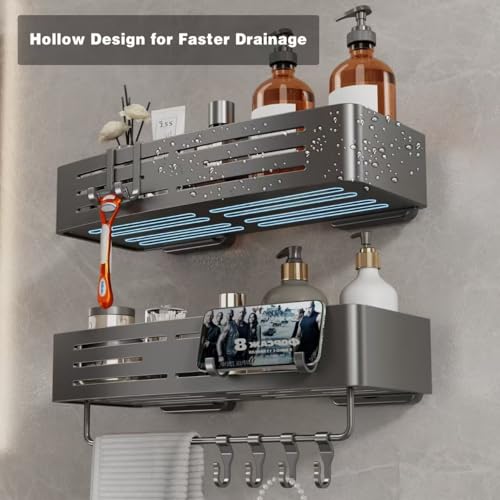 Voldra Adhesive Shower Caddy, 2 Pack Shower Shelves for Inside Shower No Drilling, Aluminum Stick On Showers Organizer with Towel Bar & Hooks Removable Bathroom Shelf Storage Rack(Gray) - style: Adhesive Strip Rectangle-2 Pack