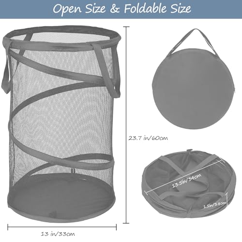 BATTOO Collapsible Laundry Baskets, Foldable Mesh Pop Up Hamper, Portable Laundry Basket Hamper with Handles for Laundry, Bathroom, Kids Room, College Dorm, Travel, Storage Organizer Grey - color: Grey, size: 13 x 23.7 inch
