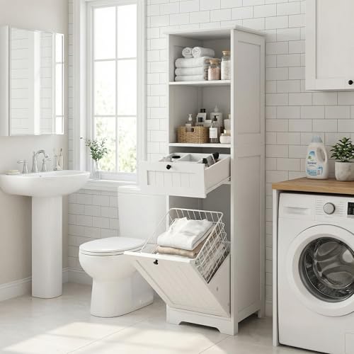 Casaphoria 55 Inch Tall Laundry Sorter Cabinet, Narrow Bathroom Storage Cabinet with Tilt-Out Hamper and Drawer, Freestanding Space-Saving Organizer for Laundry Room, White - size: 15.74"L×13.77"W×55"H