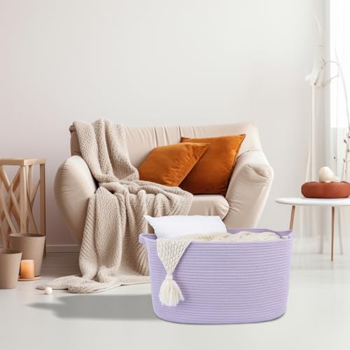 XUANGUO Large Rectangle Blankets Basket Living Room 22"x17"x12" Woven Cotton Rope Storage Baskets for Nursery Toy Basket for Kids Wicker Laundry Baskets Bin for Clothes Towels purple or Lavendor - color: purple or Lavendor