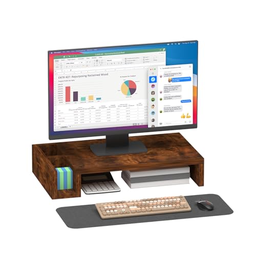 Wooden Single Monitor Stand Riser, 16" Long with Storage Pen Holders, Laptop Desk Stand, Desktop Shelf Office Desk Accessories, Computer Monitor Riser for Home Office, Rustic Brown (Single) - size: Single