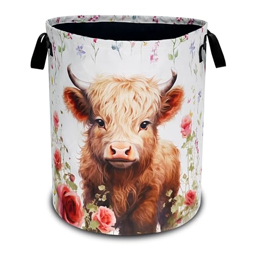 Cute Highland Cow Laundry Basket Oxford Cloth Animal Laundry Hamper With Handle Foldable Portable Clothes Storage Basket 18.9 X 16.5 Inch Storage Bag For Laundry Room/Bathroom/Bedroom/Dormitories - color: Cute Highland Cow