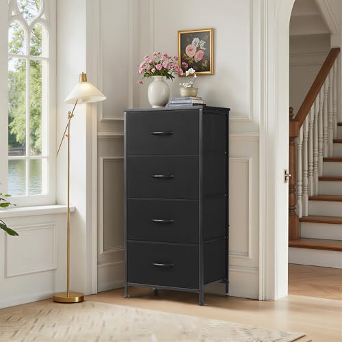 Nightstand Upgraded, 4 Drawer Dresser End Table Bedside Furniture with Wooden Top Steel Frame Fabric Bins for Bedroom, Closet, Entryway, Dorm, Living Room, Soft Black - color: Soft Black, size: 11.8"D x 17.7"W x 37.4"H (4 Drawers)