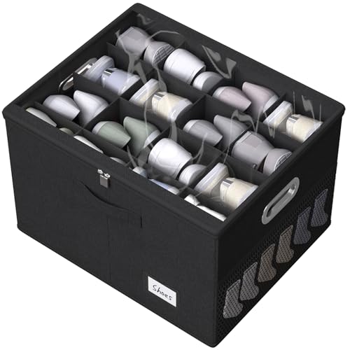 Shoe Organizer for Closet, Large Shoe Box Storage Containers with Clear Window, Space Saving Shoe Bin with Foldable Bottom Support Adjustable Dividers - Fits 16 Pairs (Black, (19.7*15.7*13)x1) - color: Black, size: (19.7*15.7*13)x1