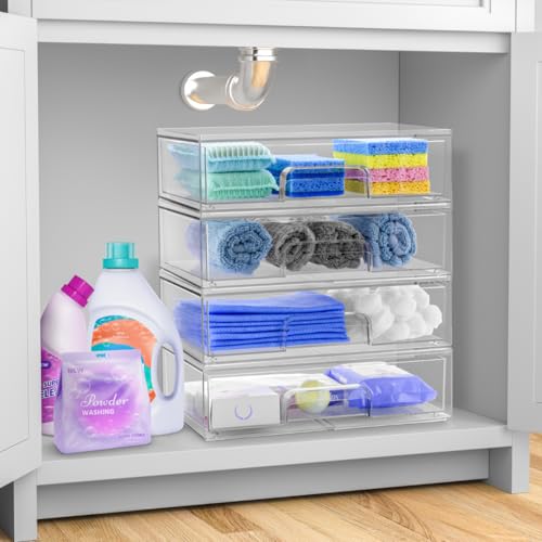 Sorbus Acrylic Storage Containers - 4 Pack, Stackable Storage Bins Set for Bathroom Organization - Clear Acrylic Drawer Organizers - Makeup Case Pull-Out Drawers (12.1’’ Wide) - size: 4 Pack, 12.1’’ Wide