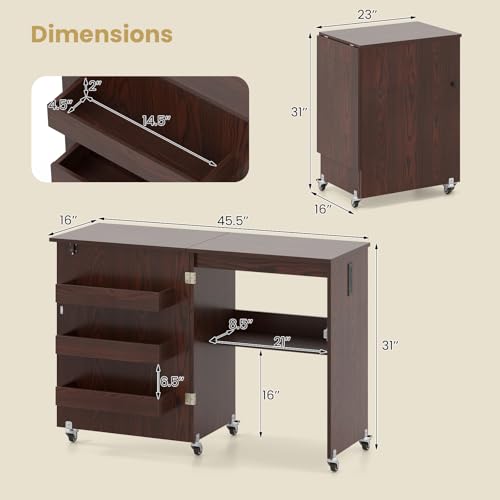Giantex Folding Sewing Table with Storage, 3 Side Trays & Open Shelf, Built-in Charging Station, Mobile Craft Desk with Lockable Wheels, Space-Saving Sewing Machine Table for Home, Dorms, Espresso - color: Espresso