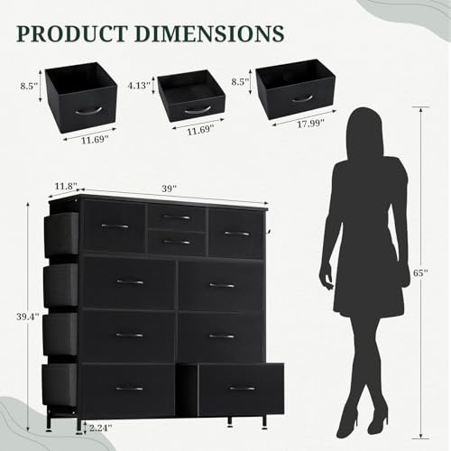 Dresser for Bedroom with Side Pockets and Hooks, 10 Drawers Storage Organizer Chest of Drawers, Sturdy Metal Frame for Living Room, Hallway, Closet, Black - color: Black