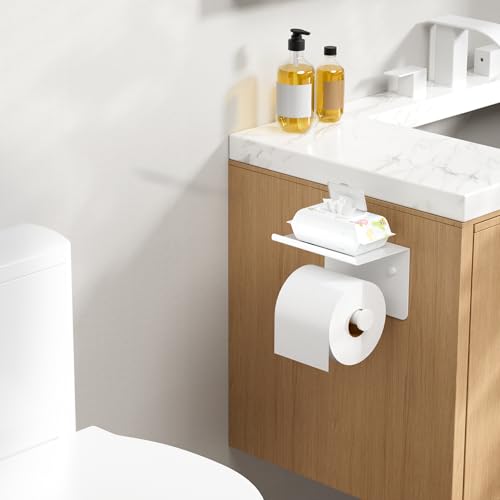 FORIOUS Toilet Paper Holder with Shelf, Adhesive or Screw Wall Mount Toilet Paper Roll Holder for Bathroom, Rustproof 304 Stainless Steel Toilet Roll Tissue Holder Dispenser with Shelf (1, White) - color: White
