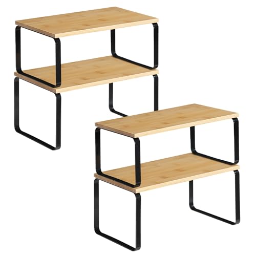 HOOBRO Cabinet Organizer Shelf, Set of 4 Kitchen Counter Shelves, Expandable Kitchen Storage, Stackable Bamboo Spice Rack, for Kitchen, Countertop, Office Desk, Bathroom, Natural and Black YB30TLP201 - color: Natural, Black