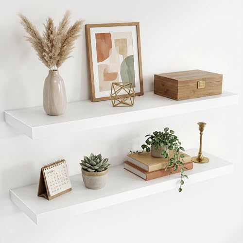 36 Inch Black Floating Shelves for Wall,9.3" Deep Long Floating Shelf Set of 2,Wood Wall Mounted Shelves Farmhouse Home Decor,Wall Storage Shelf for Bathroom Bedroom Living Room Kitchen Office,White - color: White, size: 36 Inch,Set of 2