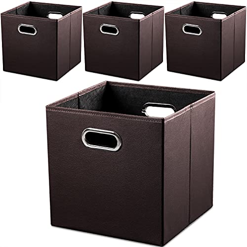 PRANDOM Leather Foldable Cube Storage Bins 13x13 inch [4-Pack] Fabric Storage Baskets Cubes Drawer with Cotton Handles Organizer for Shelves Nursery Closet Bedroom Clothes Brown - color: Brown, size: 13x13 in(4-Pack)
