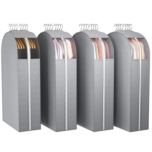 Liuoud 10" Gusseted Garment Bags for Hanging Clothes with Clear Window, 40" Suit Bags for Open Closet Storage, Clothing Cover for Coat, Dress, Jacket, Shirt, Fur Wardrobe Protector, 4 Packs - color: Grey with window, size: 40 inch