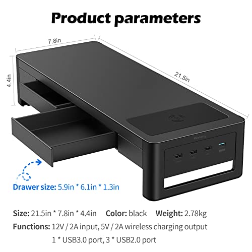 meatanty 3 In 1 Monitor Stand Riser with 2 Drawers,1 Wireless Charging Module and 4 USB Ports,Metal Computer Stand Support Transfer Data & Charging,Desk Organizer for PC,iMac (21 inches) - size: Large, style: Wireless Charger Version