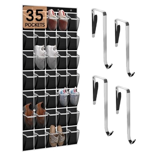 Kotkn 35 Compartment Over The Door Storage - Breathable Mesh Hanging Organizer with Large Pockets, Space Saving Design for Men & Women's Footwear, Closet, Bedroom- Black (Black, 35-Pocket) - color: Black