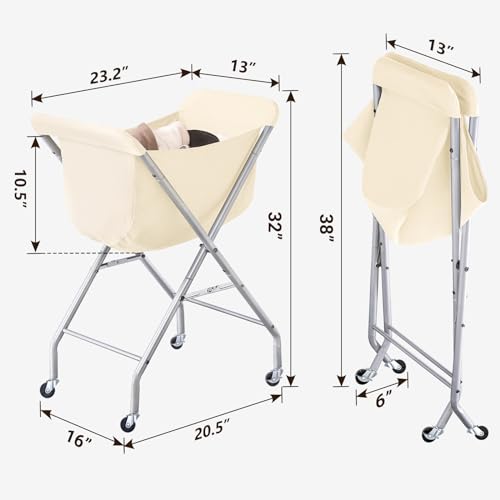 ELYKEN Laundry Cart with Wheels, 32”H Easy Rolling Laundry Hamper with Removable Liner Bag, Sturdy Metal Frame Clothes Basket with 4 Casters and 2 Brakes - color: Creamy, size: 23.2"L x 13"W x 32"H