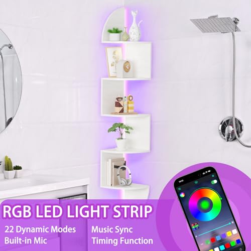 Waipfaru Corner Shelf, 5 Tier Bookshelf with LED Light, Corner Shelf Wall Mounted, Floating Shelves for Wall, Display Stand for Bedroom, Living Room, Bathroom, Home, Office, White - color: White