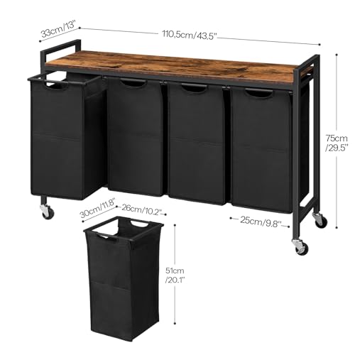 HOOBRO Laundry Sorter 4 Sections, Laundry Hamper with Wheels, 4 × 10.5 Gal (40 L), Rolling Laundry Basket, Pull-Out and Removable Oxford Fabric Bags, Rustic Brown and Black BF04XY01 - color: Rustic Brown + Black