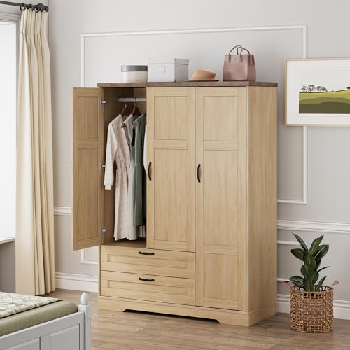 Brafab 62" Wooden Armoire Wardrobe Closet with 3 Doors and Drawers, Standing Bedroom Storage Armoires Cabinet with Hanging Rod for Hanging Clothes, Coat Closet Organizer with Shelves and Mirror - color: Natural, size: 3 Doors