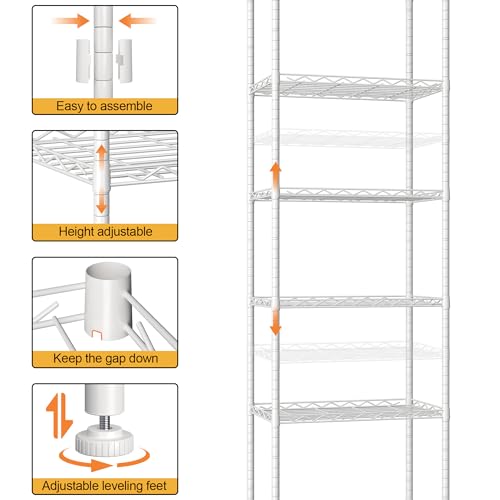 HOMEFORT 6-Shelving Unit, Adjustable Wire Shelving, Metal Wire Shelf Rack Organizer for Kitchen, Pantry, Closet, Bathroom, Laundry, White, 21" W x 11" D x 69" H - color: White, size: 21"W x 11"D x 69"H