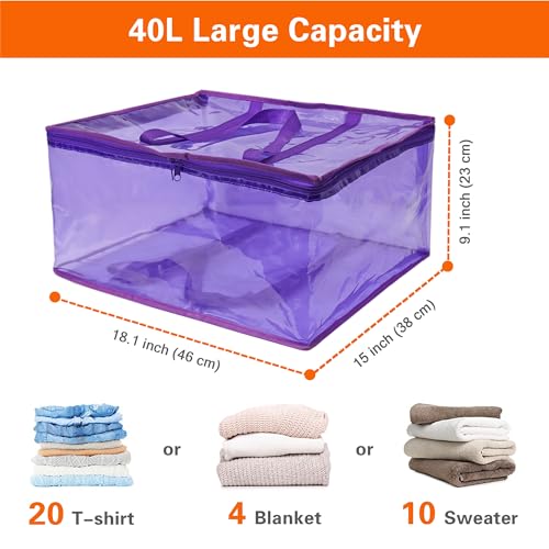 Vieshful Purple 40L Clear Clothes Storage Bag Colorful Clothes Organizer with Zipper Vinyl Storage Bag for Comforter, Blanket, Bedding, Duvet, Transparent Moving Totes 5 Pack - color: Purple-5 Pack, size: 40L
