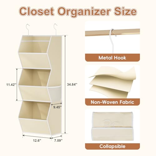 Hanging Closet Organizer 3 Shelf Collapsible Fabric Closet Organizers and Storage Hanging with Mesh Pocket for Clothes, Hanging Wardrobe Organizers and Storage for Sweater T-Shirt Shoes Toys, Beige - color: Beige-1 Pack, size: 3-shelf