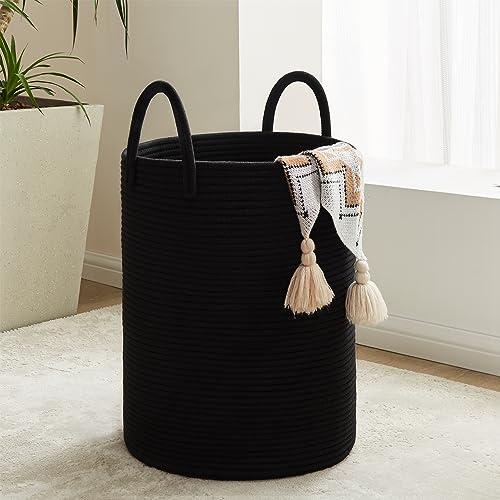 Cotton Rope Laundry Hamper by YOUDENOVA, 58L - Woven Collapsible Laundry Basket - Clothes Storage Basket for Blankets, Laundry Room Organizing, Bedroom Storage, Clothes Hamper – Black - color: Black, size: 58L
