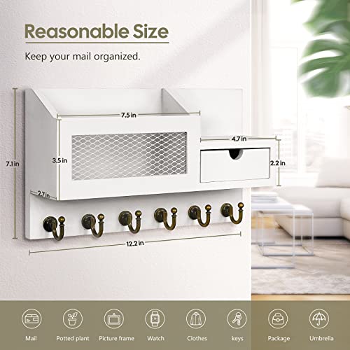FifthQuarter Key and Mail Holder for Wall, Mail Organizer Wall Mount with 6 Hooks and Storage Drawer, Easy Installation Key Rack for Entryway and Home Decor (B-White) - color: B-White