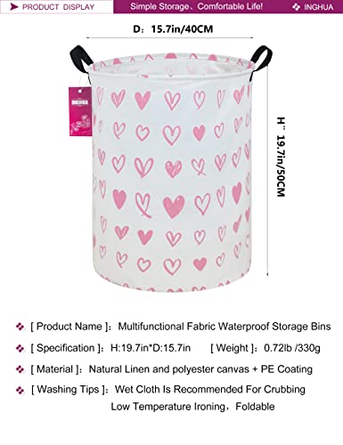 Laundry Hamper Large Canvas Fabric Lightweight Storage Basket/Toy Organizer/Dirty Clothes Collapsible Waterproof for College Dorms, Boys and Girls Bedroom,Bathroom(Pink hearts) - color: Pink hearts
