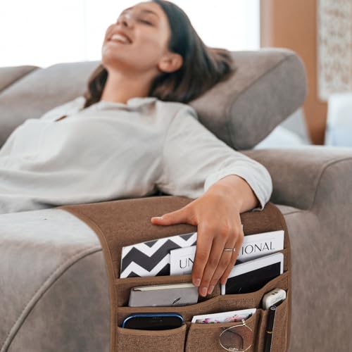 Teniux Remote Control Holder Armchair Caddy for Recliner Couch, Non-Slip Armrest Organizer with 5 Pockets for Magazine, Tablet, Phone, iPad (Brown) - color: Color B- Brown