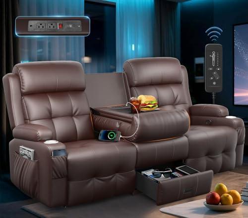 3-Seater Reclining Sofa Couch, RV Wall Hugger Loveseat with Flip-Down Console, LED Lights, Built-in Power Strip, Massage, Cup Holders & Storage Drawer, 150° Home Theater Seating for RV & Living Room - color: Brown, size: 3-Seater with Flip Back
