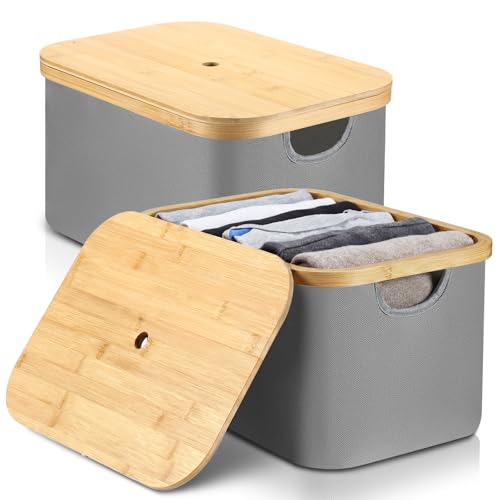 Novabright 2 Pcs Collapsible Storage Basket with Bamboo Lids 15" x 10" Foldable Fabric Storage Bins with Handles for Organizing Shelves Closet Laundry Room Bathroom Clothes Towel(Gray) - color: Gray