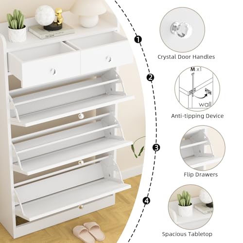 VOWNER Shoe Cabinet with 3 Flip Drawers & 2 Drawers, Freestanding Shoe Storage Cabinet with Adjustable Shelves, Shoe Organizer for Entryway, Hallway, Living Room, White