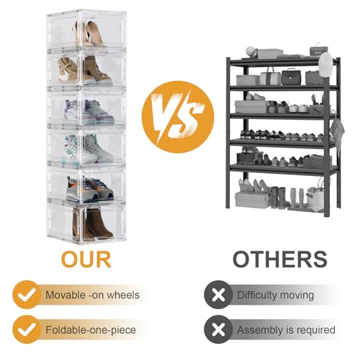 Shoe Box,Set of 6,Stackable Plastic Clear Shoe Box Organizer with Magnetic Door,Shoe Storage Box Thicken Sturdy,Easy Assembly,Fit up to US Size(Front opening door, Clear) - color: White, size: Front