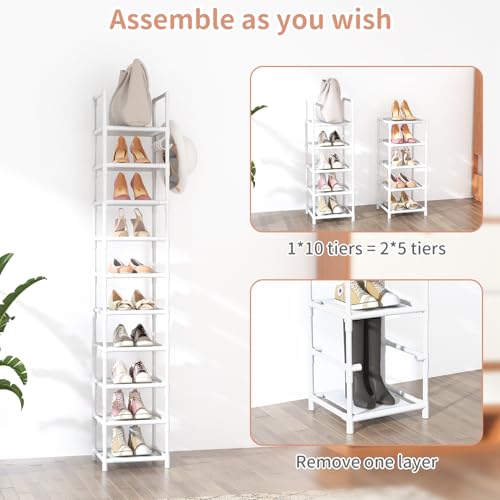 LANTEFUL Tall Narrow Shoe Rack 10-Tier Skinny Shoe Shelf Storage for 10-15 Pairs Shoes and Boots, Space Saving Corner Shoe Rack Organizer for Closet, Entryway, Garage, Living Room,White - color: White, size: 10 tiers