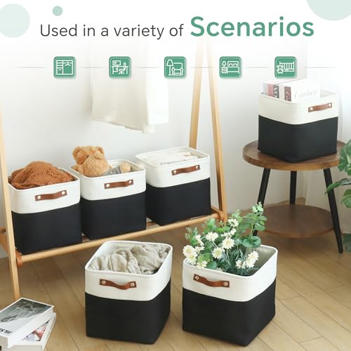 FinishingBo Cube Storage Baskets 6 Pack, 11x11 inch Cube Storage Bins with Leather Handles for Shelf Closet (White/ Black) - color: White/ Black