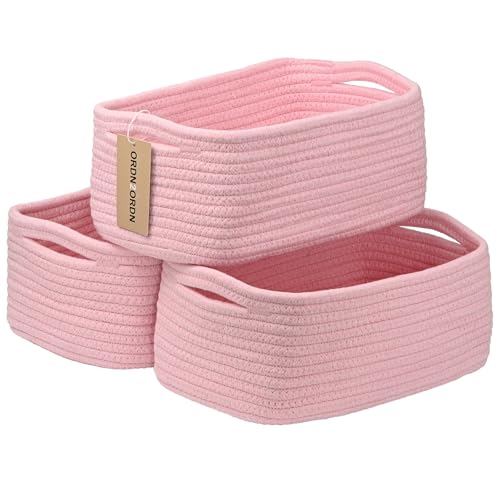 Small Storage Baskets for Organizing, Woven Storage Bins for Shelves, Gift Basket Empty, Cute Decorative Closet Organizer, Baby Rope Basket, Dog Toy Storage, 13.2x8.2x5.2”, 3Packs Pink - color: Pink, size: M
