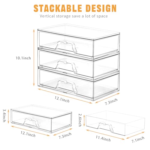 3 Pack Stackable Makeup Organizer, 12.1''L Acrylic Bathroom Organizer and Storage Undersink Drawer, Cosmetics and Beauty Supplies,Clear Plastic Storage Bins for Vanity,Pantry,Desk,Cabinet,Kitchen - style: 3pack Wide