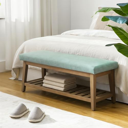 Zihanhome Entryway Shoe Bench with Cushion, End of Bed Bench,Upholstered Bench for Kitchen, Bench with Solid Wood Shelf, Fabric Ottoman Bench for Hallway, Living Room (Teal) - color: Teal